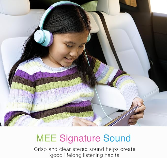 MEE audio KidJamz KJ45 Children’s Safe Listening Headphones with Volume Limiter & Microphone, Adjustable On-Ear Kids Headset Wired w/3.5mm Jack for Online Learning/School/Travel/Tablet (Mint/Lavender)