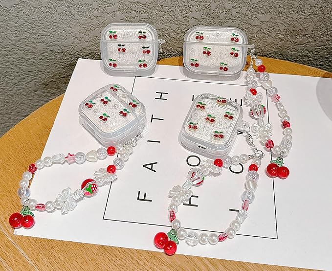 JANDM 3D Cherry Case with Keychain for AirPods 3, Clear Diamonds Aesthetic Shockproof Cover with Cute Pearl Strap for Women Girls Protective Cover