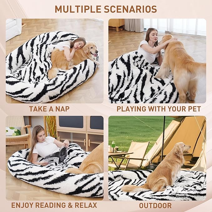 Human Dog Bed, 74.8''x47.2''x13.7'' Size Fits Adult and Pet Washable Giant People Dog Bed with Blanket, Zebra Stripe