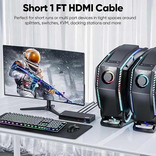 Short HDMI Cable 1 FT 2-Pack, High Speed HDMI 2.0 Cable 4K 1FT Braided (4K@60Hz, 2K@144/120Hz) with 3D, HDR, ARC, HDCP 2.2 for KVM,Camera,Docking,SwitcherPC, Monitor, TV Box, PS4/5