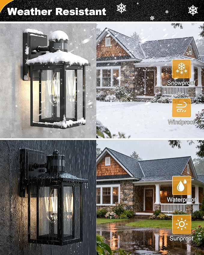 Motion Sensor Dusk to Dawn Outdoor Light, 4-Modes Adjustable Black Exterior Lighting Fixture, Waterproof Outside Wall Mount Lantern for Home, Entry, Backyard, Patio, 120V