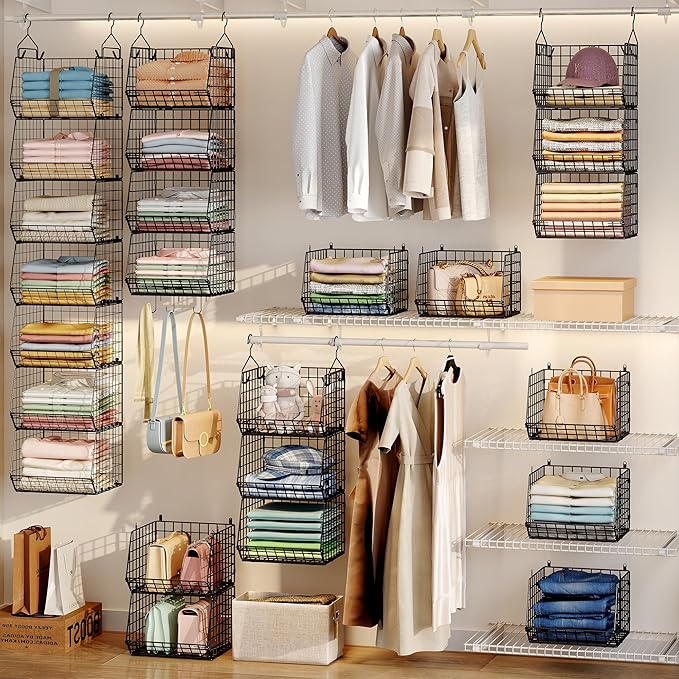7 Tier Foldable Hanging Closet Organizer and Storage,Wire Closet Shelving with 5 S Hooks,Hanging Basket for Clothes Sweaters Shoes Handbags,Small Closet Organizers for Wardrobe Kitchen Laundry Room