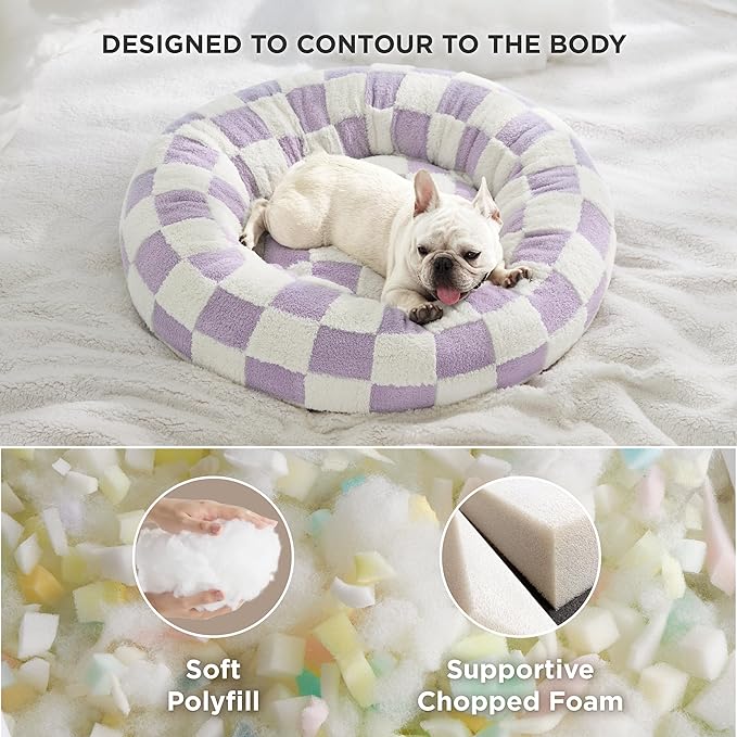LE SURE Donut Medium Dog Bed - Round Cat Beds for Indoor Cats Calming Pet Beds, Cute Modern Beds with Jacquard Shaggy Plush & Anti Slip Bottom, 30 Inch, Purple
