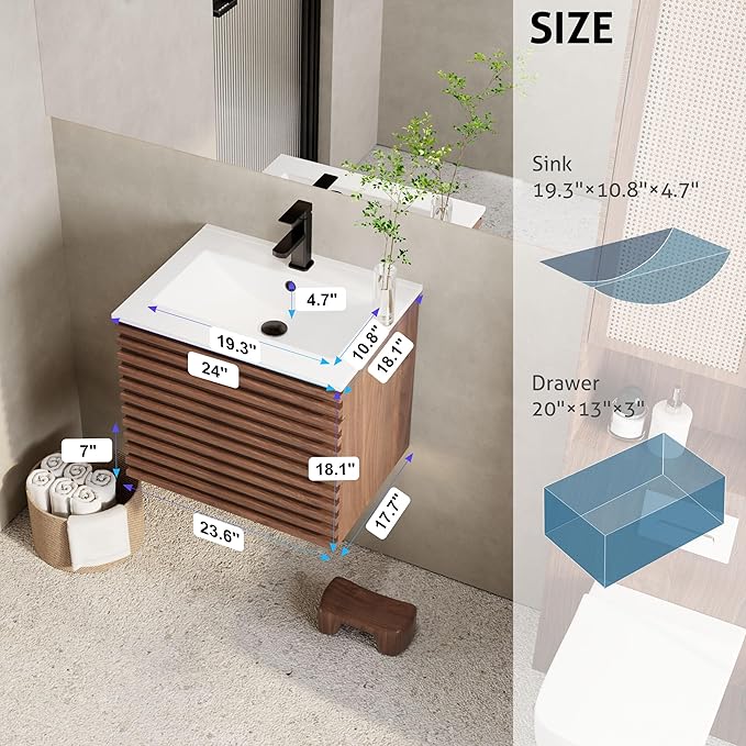 eclife 24" Floating Bathroom Vanity with Sink Combo Mid-Century Wall Mounted Cabinet with Wood Stripes Decor, Drawers, Undermount Sink, Faucet, Drain, Cocoa Brown