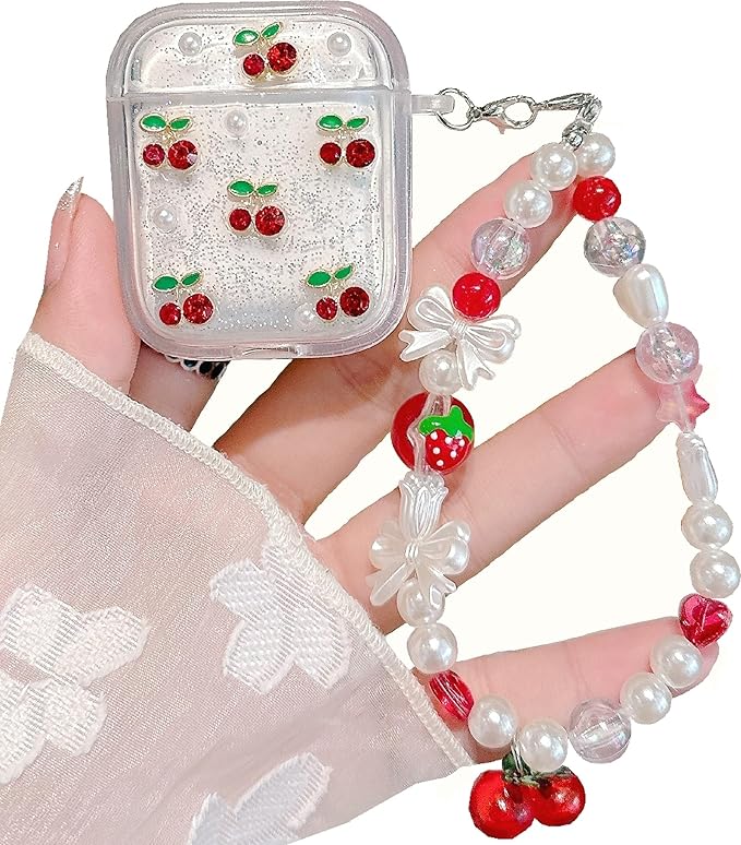 JANDM 3D Cherry Case with Keychain for AirPods 2/1 Generation,Clear Diamonds Aesthetic Shockproof Cover with Cute Pearl Strap Keychain for Women Girls Protective Cover