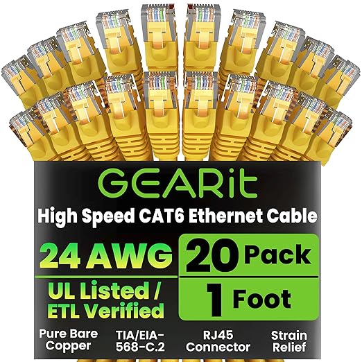 GEARit Cat 6 Ethernet Cable (20-Pack 1 Foot) Cat6 Network Patch, 10Gbps, RJ45, Snagless Cord, Gold-Plated Connectors, Internet for PC, TV, Tablet, Router, Printer, Servers, IT Data Center - Yellow