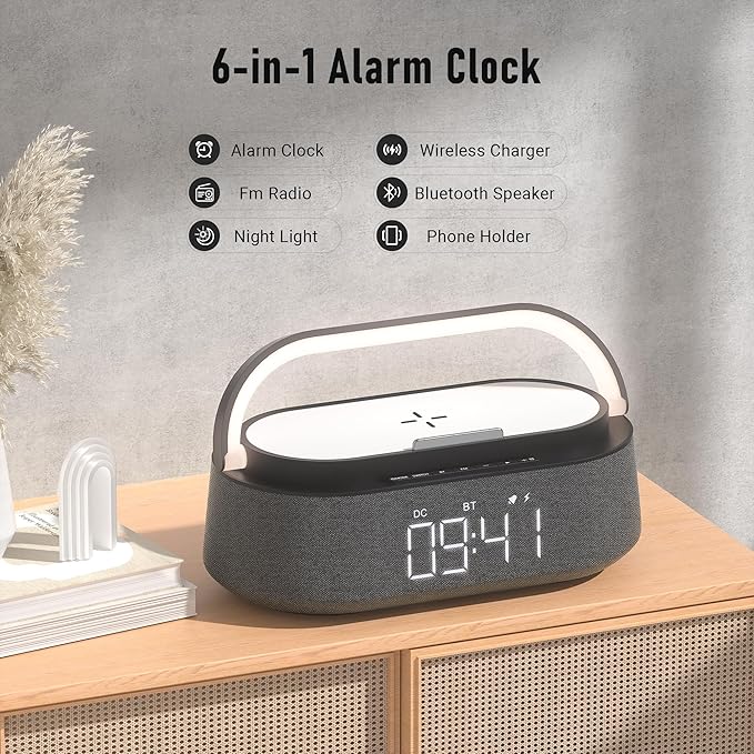 FREEFISH Bluetooth Speaker with Fast Wireless Charger,FM Radio,Touch LED Night Light,Phone Holder,Snooze,Portable Wireless Speaker for Bedrooms Office Home,Gifts (Black)