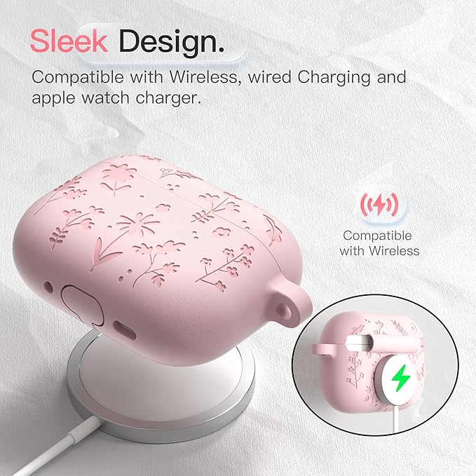 for AirPods Pro 3 Case (2025) DamonLight Floral Engraved Shockproof Protective Soft Silicone Case Cover with Cleaning Pen and Floral Keychain for Apple Airpods Pro 3rd Generation (Pink)