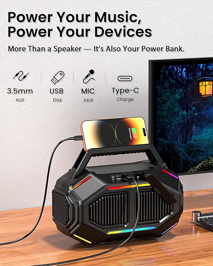 Bluetooth Outdoor Speakers, 80W(Peak) Loud Wireless Speaker, 30H Playtime, RGB Lights, BassUp 2.0, IPX6 Waterproof, TWS, Bluetooth 6.0, Portable Boombox for Party, Pool, Beach (Pink)