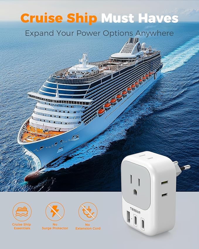 3 Pack European Travel Plug Adapter, TESSAN Type C Charger Plug with 4 Outlets 3 USB (2 USB-C), US to Europe Plug Adapter for Italy, Spain, France, Portugal, Greece, Iceland, Travel Essentials