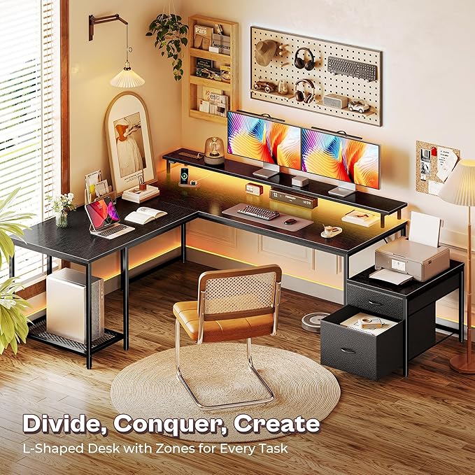 PRAISUN 66" L Shaped Gaming Desk with LED Lights & Power Outlets, Computer Desk with Fabric Drawers and Print Stand, Corner Office Desk, Monitor Stand, Mesh CPU Stand, Black