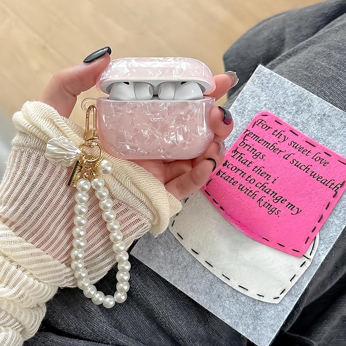 Cute Case for Airpods Pro 3 (2025), Bling Shell Pattern Soft TPU Protective Cover with Luxury Pearl Shell Keychain for Apple Airpods Pro 3 Charging Case, Pink