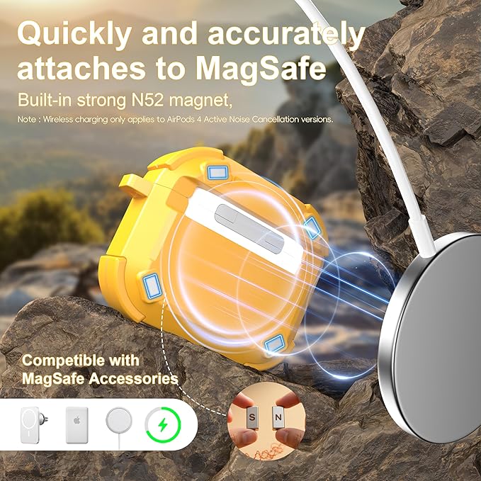 RFUNGUANGO for AirPods 4 Case, Compatible with AirPods 4th Generation Case (2024), Compatible with MagSafe, Magnetic Automatic Lock with Cleaner Kit and Keychain, Front LED Visible, Yellow