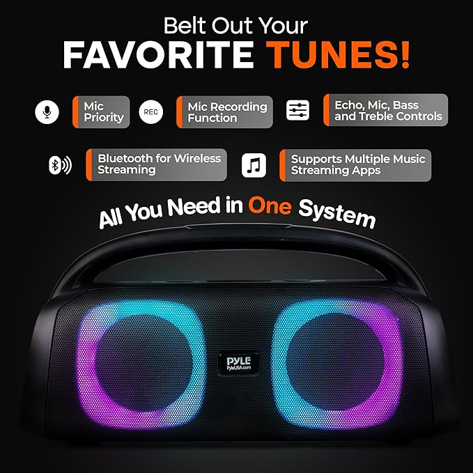 Pyle Portable Bluetooth Speaker Boombox with Dual 5” High-Performance Wireless Speakers, 160W Power, Rechargeable Battery, Mic Priority, USB/Micro SD/AUX/FM Radio, LED Ring Light, Outdoor Speaker