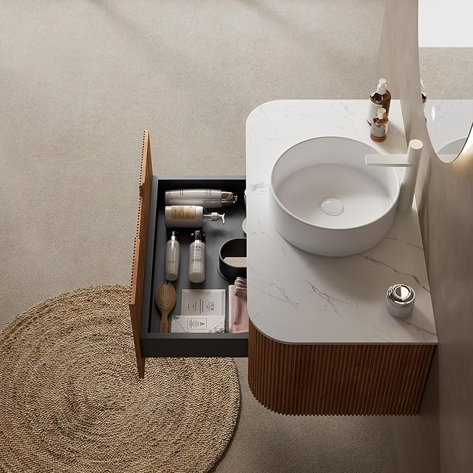 KEIKI 36" Bathroom Vanity Cabinet with Sink Combo, Wall Mounted Curved Edges Striped Floating Bathroom Vanity with Soft-Close Drawer, White Round Ceramic Basin Without Faucet, Natural Wood