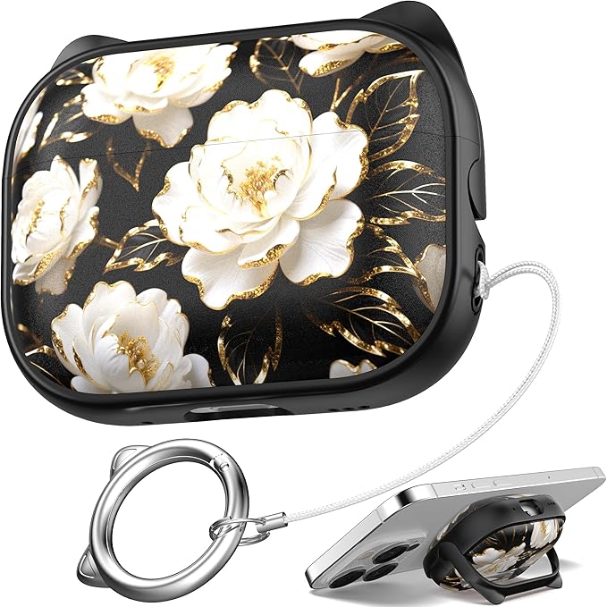 for AirPods Pro 2 Case with Cleaning Kit, Cute Cat Ear Print Design & Cute Buckle for Girls, Phone Holder & Top Safe Lock Buckle Design for AirPods Pro 2nd/1st Gen case, Black Peony