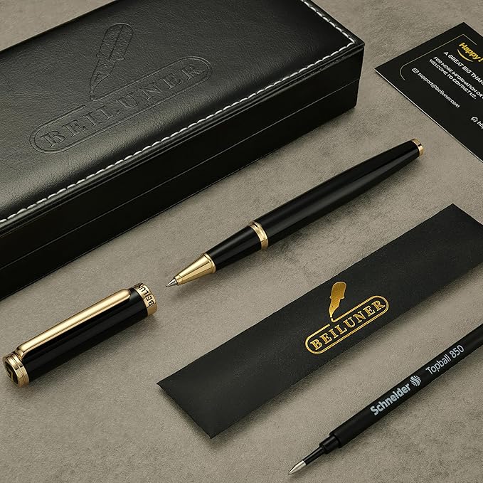 BEILUNER Luxury Rollerball Pen,24K Gold Trim,Noble and Elegant Designs,Schneider Ink Refill, Best Roller Ball Pen Gift Set for Men & Women, Professional, Executive Office, Nice Pens