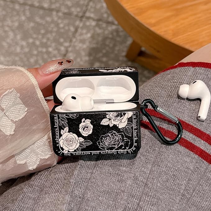 for AirPod Pro 3 Case 2025 for Women Girls Cute Retro Flower Design with Keychain PU Leather Squre Shockproof Protective Cover Compatible with AirPods Pro 3rd Gen Case (Rose Black)