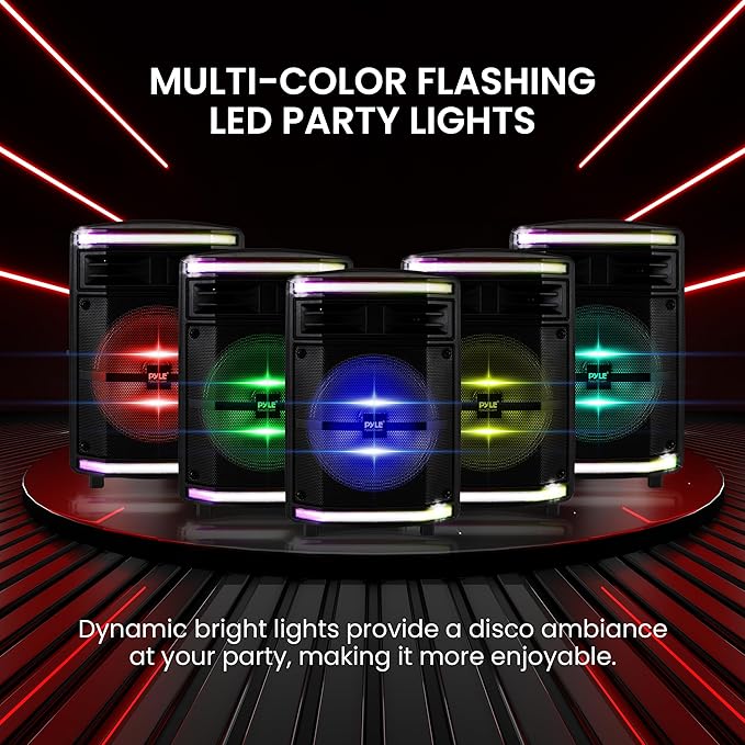 Pyle Portable Bluetooth Speakers with 10 Inch Subwoofer, Wireless Speaker with FM Radio, Karaoke System & Rechargeable Battery, Flashing Party Lights, MP3/USB/Micro SD Readers for Indoor Outdoor Use