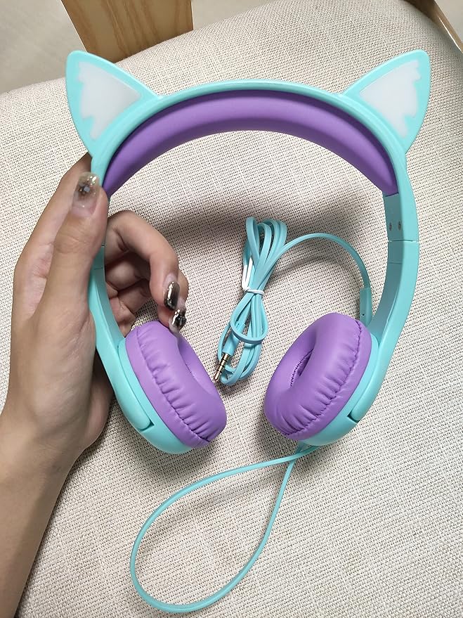 Olyre Kids Headphones with MIC for School, 85dB Safe Volume Limited Light Up Cat Ear Headphones,Wired Cord On-Ear Headset for Children/Boys/Girls/Travel-Green/Purple