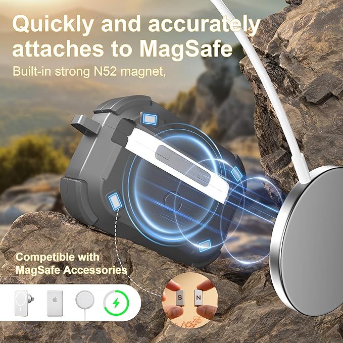 RFUNGUANGO for AirPods Pro 2 Case, Compatible with AirPods Pro 2nd/1st Generation Case, Compatible with MagSafe, Magnetic Automatic Lock with Cleaner Kit and Keychain, Front LED Visible, Gray