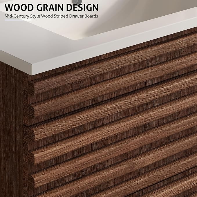 eclife 30" Floating Bathroom Vanity with Sink Combo Mid-Century Wall Mounted Cabinet with Wood Stripes Decor, Drawers, Undermount Sink, Faucet, Drain, Cocoa Brown