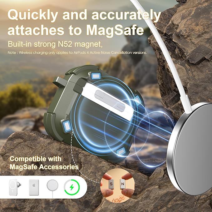 RFUNGUANGO for AirPods 4 Case, Compatible with AirPods 4th Generation Case (2024), Compatible with MagSafe, Magnetic Automatic Lock with Cleaner Kit and Keychain, Front LED Visible, Green