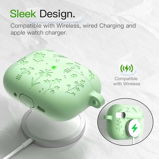 for AirPods Pro 3 Case (2025) DamonLight Floral Engraved Shockproof Protective Soft Silicone Case Cover with Cleaning Pen and Floral Keychain for Apple Airpods Pro 3rd Generation (Avocado Green)