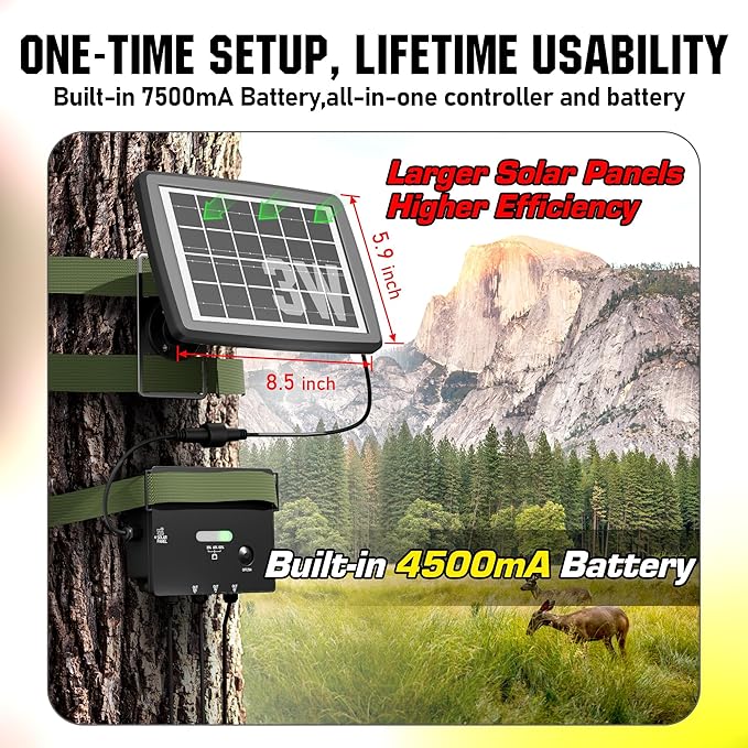 SUNAPEX Solar Panel for Trail Camera, 4500mAh Solar Battery Charger with Built-in Battery and Controller, DC 6V/9V/12V Output, for Trail Camera Hunting Accessory (3W Solar Charger for Trail Camera)