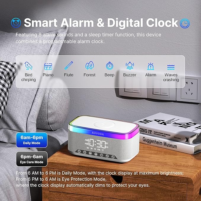 S300 10W Stereo Bluetooth Speaker with 15W Fast Wireless Charging, 13-Color Night Light, Alarm, White Noise, FM Radio, Portable, TWS, BT5.3, for PC, Smartphone, Home, Office & Bedroom (White)