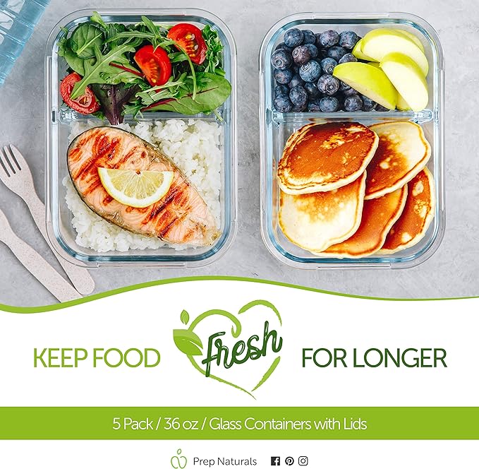 Prep Naturals 36oz Glass Meal Prep Containers - Airtight Glass Food Storage Containers with Lids - Dishwasher, Microwave & Oven Safe Meal Prep Bowls - Pack of 5, 36 Oz, 2-Compartment, Clear
