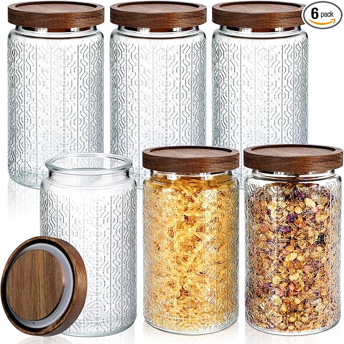 Domensi 6 Pcs Vintage Glass Jars 34 oz Glass Storage Jars with Lids Window Pattern Airtight Storage Containers for Kitchen Counter, Pantry, Coffee Bean, Grains, Tea, Sugar, Flour, Candy, Oats