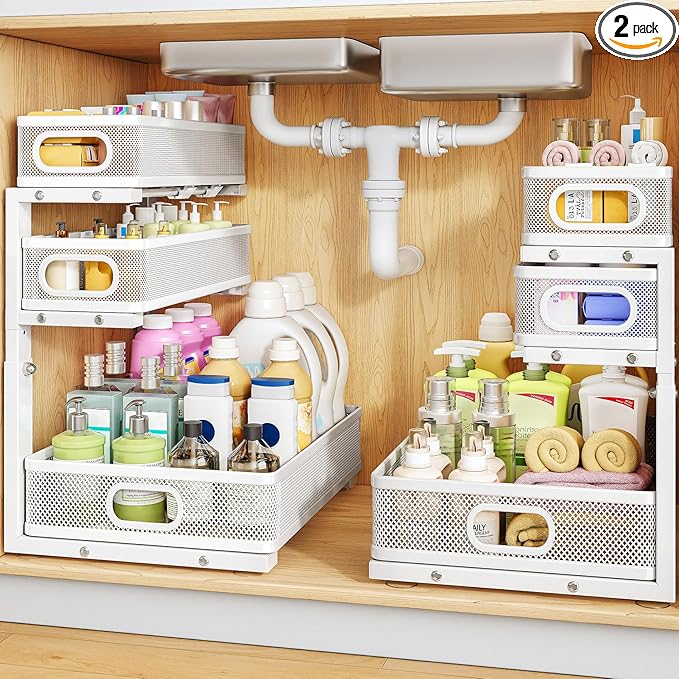 HERJOY Under Sink Organizer, 2-Pack 3-Tier Height Adjustable Thickened Metal Pull out Cabinet Organizer Shelf, Slide out Storage Drawer Rack for Bathroom Kitchen Pantry Home Laundry Organization White