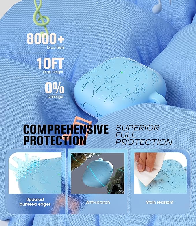 Seltureone Compatible with AirPods 4 Case Cute with Cherry Blossom Keychain and Cleaning Kit, Soft Silicone Shockproof Flower Engraved Cover Compatible with AirPod 4 Case Cover - Baby Blue