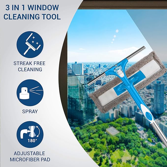 SCRUBIT Extendable Squeegee Window Cleaner- Window Cleaning Tool with Microfiber Scrubber & Spray Head - 58" Long Extension Pole for High Windows and Outdoor Glass Washing - Shower Cleaning Kit