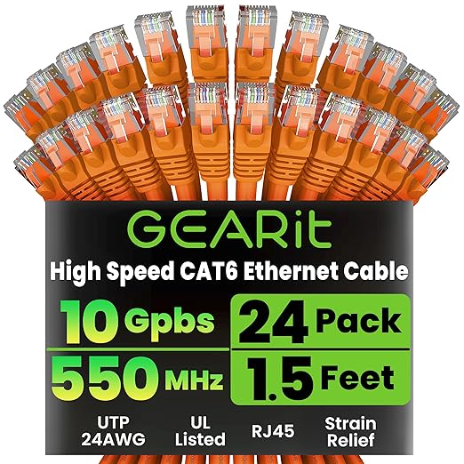 GEARit Cat 6 Ethernet Cable (24-Pack 1.5 Feet) Cat6 Network Patch, 10Gbps, RJ45, Snagless Cord, Gold-Plated Connectors, Internet for PC, TV, Tablet, Router, Printer, Servers, IT Data Center - Orange