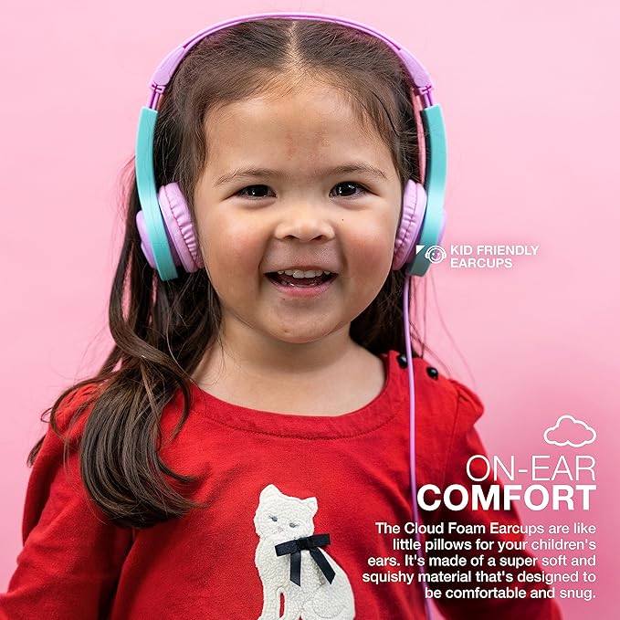 JLab JBuddies Folding Kids Wired Headphones Gen 2, Pink/Teal, Toddler Headphones, Noise Isolation, Kids Safe, Volume Limiting, for Children Ages 2+