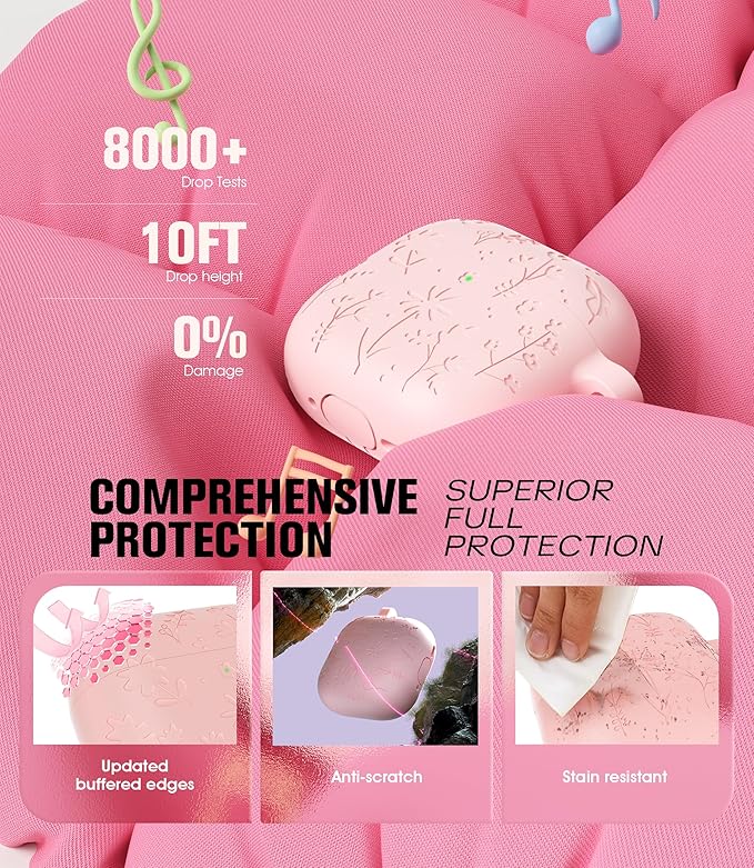 Seltureone Compatible with AirPods 4 Case Cute with Cherry Blossom Keychain and Cleaning Kit, Soft Silicone Shockproof Flower Engraved Cover Compatible with AirPod 4 Case Cover - Pink