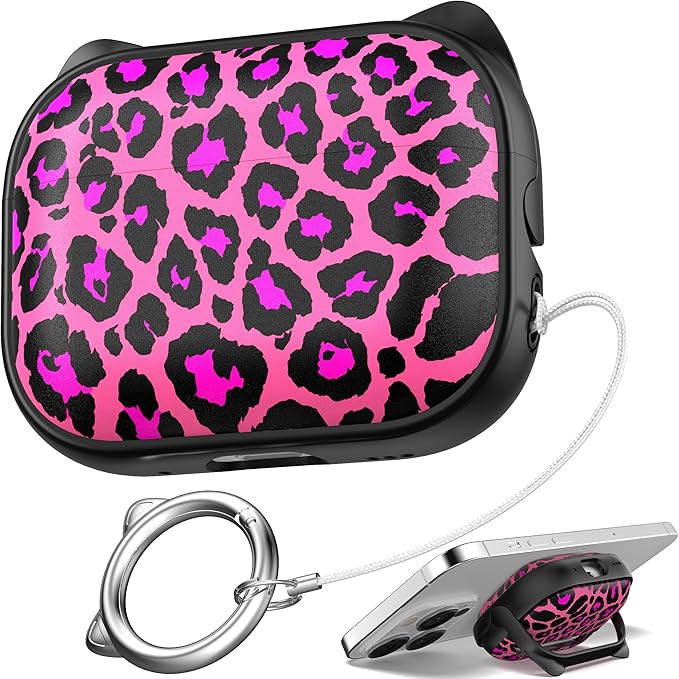 for AirPods Pro 2 Case with Cleaning Kit, Cute Cat Ear Print Design & Cute Buckle for Girls, Phone Holder & Top Safe Lock Buckle Design for AirPods Pro 2nd/1st Gen case, Rose Leopard