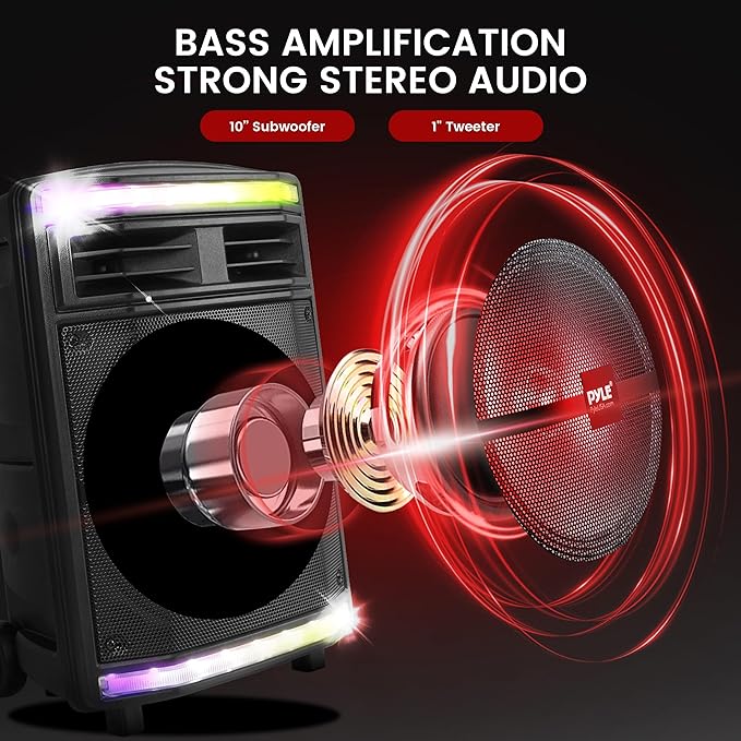 Pyle Portable Bluetooth Speakers with 10 Inch Subwoofer, Wireless Speaker with FM Radio, Karaoke System & Rechargeable Battery, Flashing Party Lights, MP3/USB/Micro SD Readers for Indoor Outdoor Use