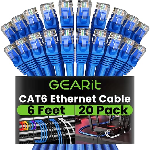 GEARit Cat 6 Ethernet Cable Pack - 20-Pack 6 ft Cat6 Ethernet Patch Cables | RJ45 Network Patch Cable, 10 Gbps Snagless Gold-Plated Connectors - Ethernet Cable Cat 6 for PC, TV, Router - Blue