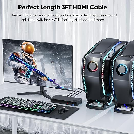 High Speed HDMI Cable 3FT, 2-Pack 4K HDMI to HDMI Cable (4K@60Hz, 2K@165/144/120Hz) with 3D, HDR, ARC, HDCP 2.2 for Computer, Monitor, TV, PS4/5,KVM,Docking Station, HDMI Spliiter Swither,Game Monitor