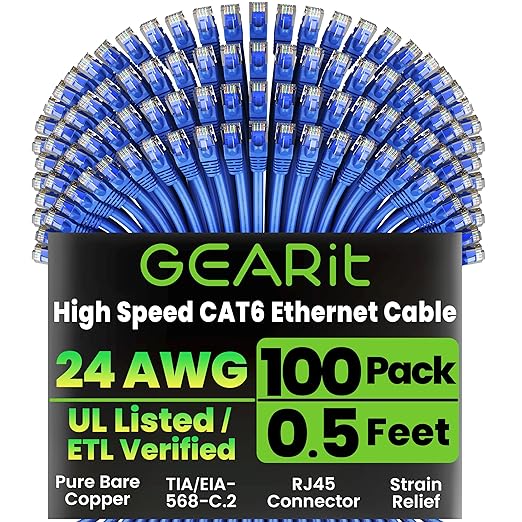 GEARit Cat 6 Ethernet Cable Pack - 100-Pack 0.5 ft Cat6 Ethernet Patch Cables | RJ45 Network Patch Cable, 10 Gbps Snagless Gold-Plated Connectors - Ethernet Cable Cat 6 for PC, TV, Router - Blue