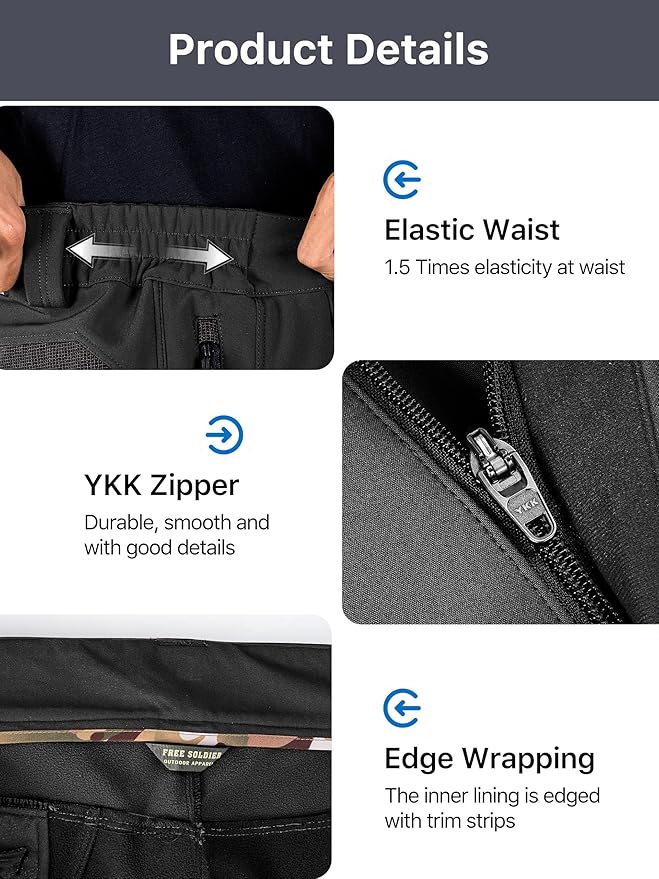 FREE SOLDIER Men's Fleece Lined Outdoor Cargo Hiking Pants Water Repellent Softshell Snow Ski Pants with Zipper Pockets