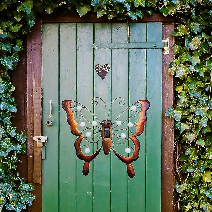 J-Fly Metal Butterfly Solar LED Light Outdoor Wall Art, Solar Butterfly Wall Hanging Outdoor Decoration, Metal Garden Fence Art Decor, 13 * 14 Inch Large Suitable for Garden Patio Fence Balcony Decor