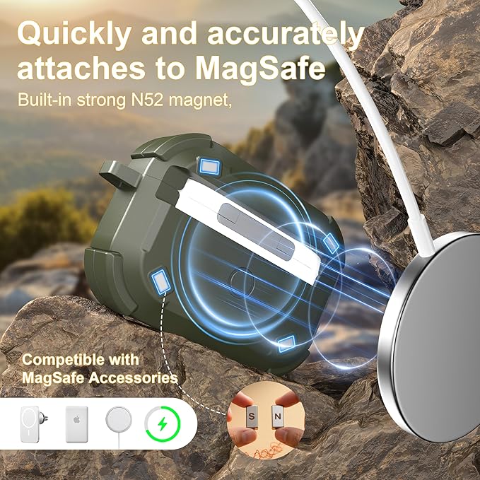 RFUNGUANGO for AirPods Pro 2 Case, Compatible with AirPods Pro 2nd/1st Generation Case, Compatible with MagSafe, Magnetic Automatic Lock with Cleaner Kit and Keychain, Front LED Visible, Green