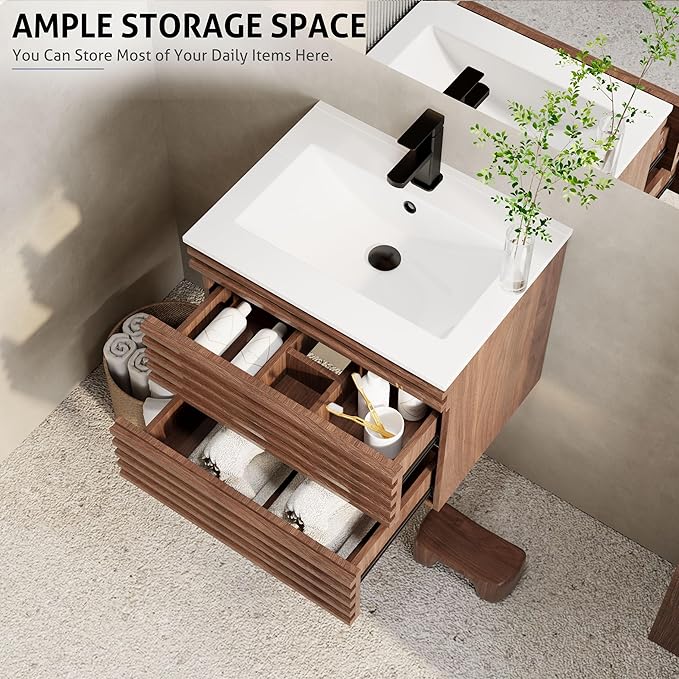 eclife 24" Floating Bathroom Vanity with Sink Combo Mid-Century Wall Mounted Cabinet with Wood Stripes Decor, Drawers, Undermount Sink, Faucet, Drain, Cocoa Brown