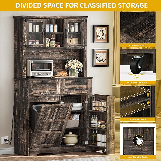 DWVO Kitchen Pantry Storage Cabinet with Tilt-Out Trash Can Fit 10 Gallon, Tall Farmhouse Kitchen Hutch Cabinets with Charging Station & Microwave Stand for Home Living Dining Room, Dark Rustic Oak