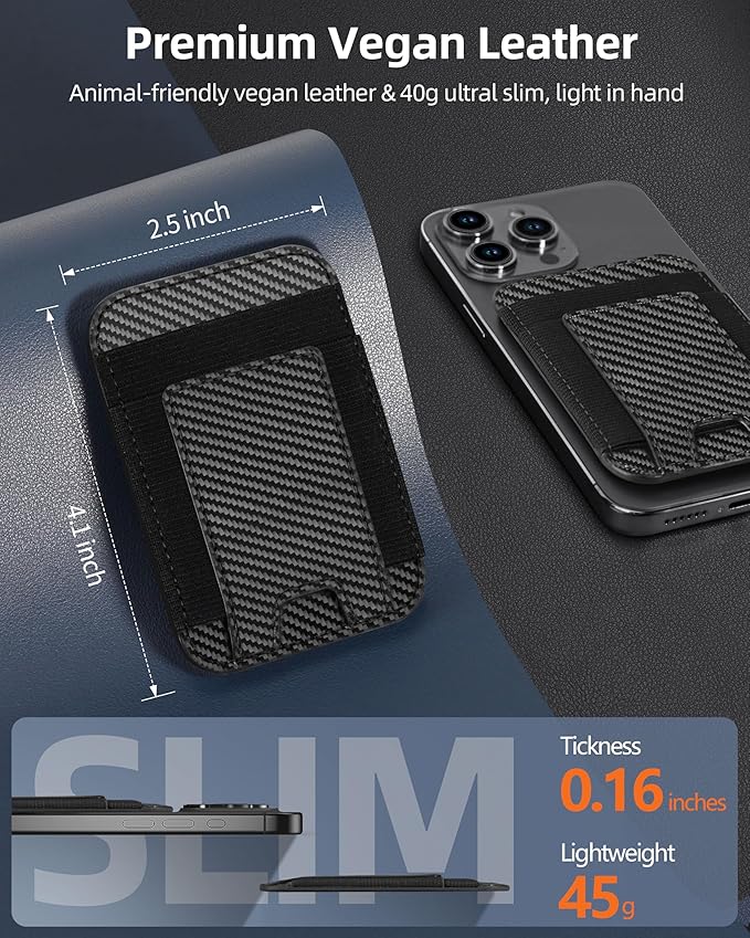 for Magsafe Wallet, Strongest Magnetic Wallet, for iPhone Walle t Magsafe with 2 Card Slots, Magnetic Card Holder for iPhone 17/16/15/14/13/12 Series, Vegan Leather, Fit 7 Cards, Black Carbon Fiber