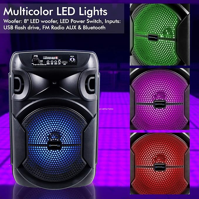Technical Pro 8 Inch Portable 800 watts Bluetooth Speaker with Woofer & Tweeter, Festival PA LED Speaker with Bluetooth/USB Card, True Wireless Stereo (2 Speakers)